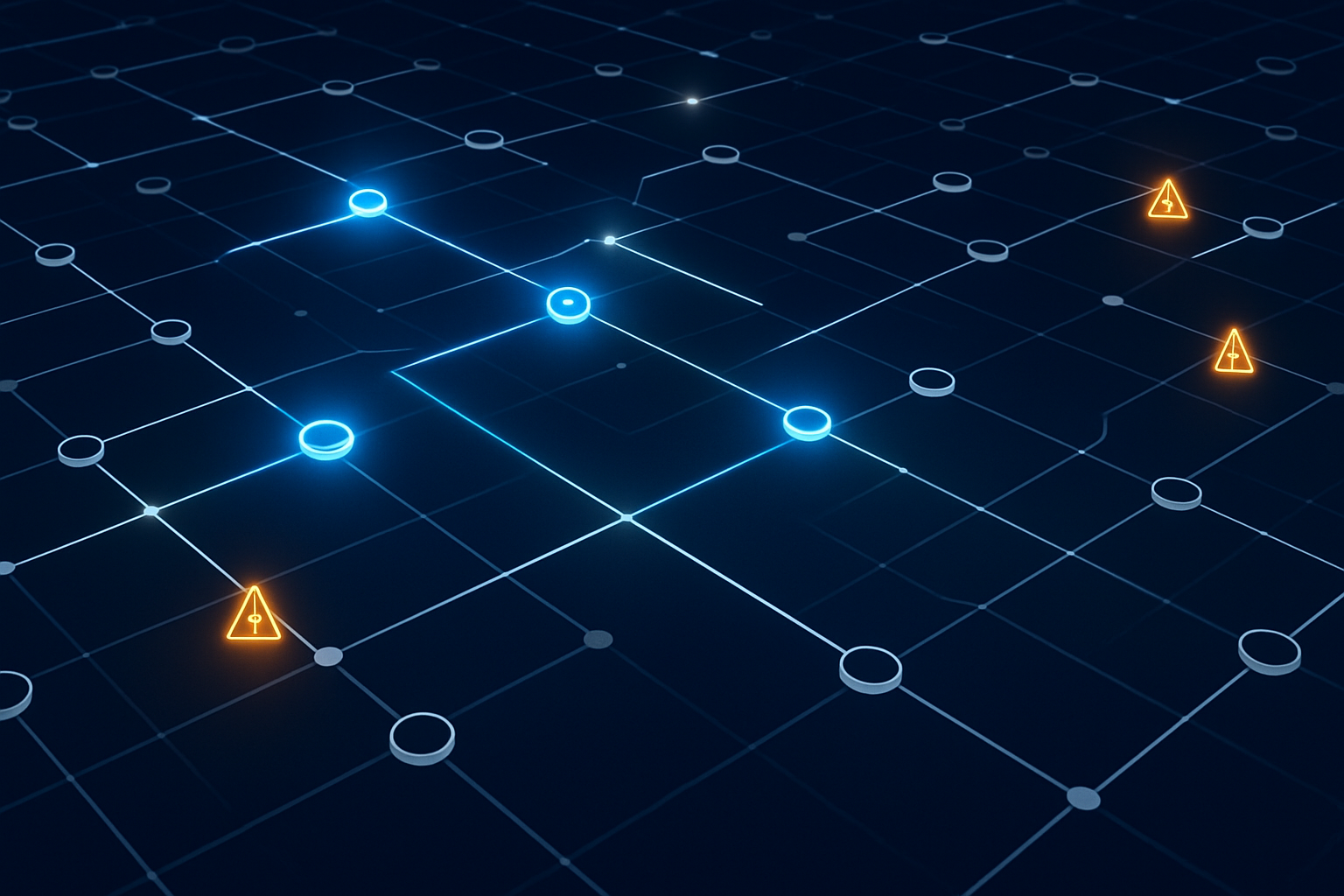 Enterprise software supply chain security network diagram with verified and flagged nodes