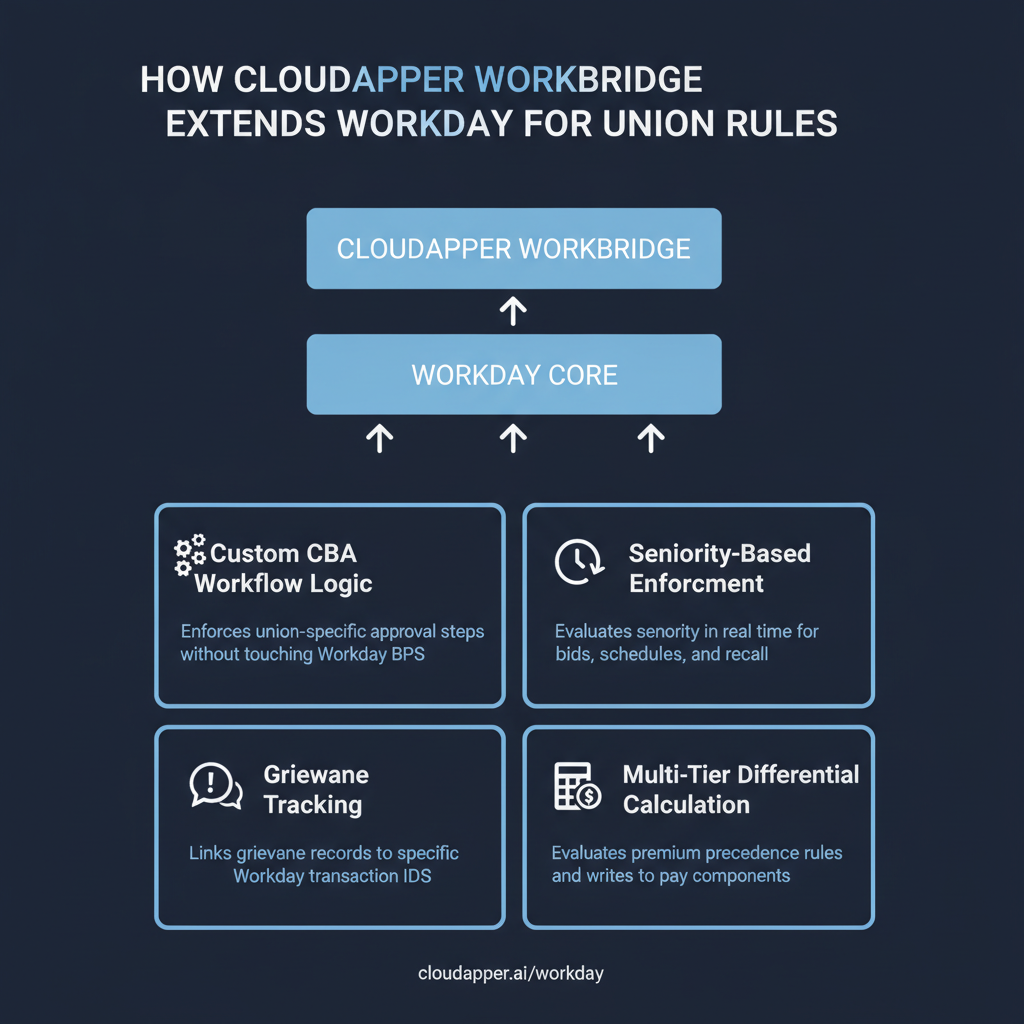 CloudApper WorkBridge extension layer enforcing CBA rules on Workday