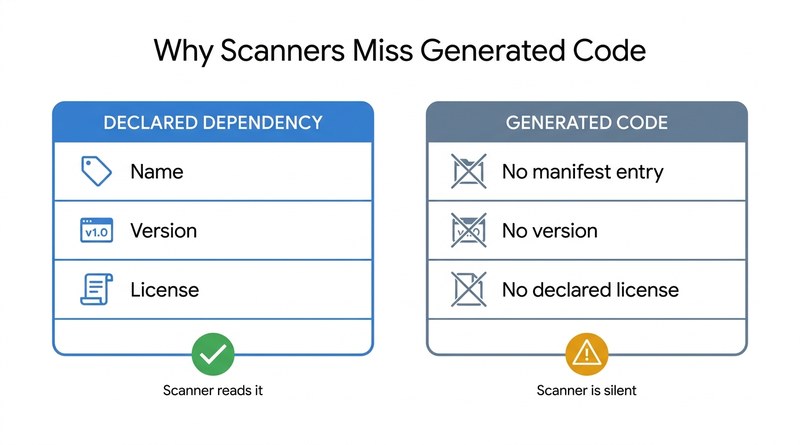 Declared dependency versus generated code license visibility comparison