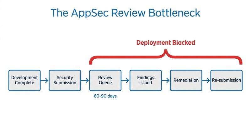 Traditional gated application security review cycle creating deployment bottleneck