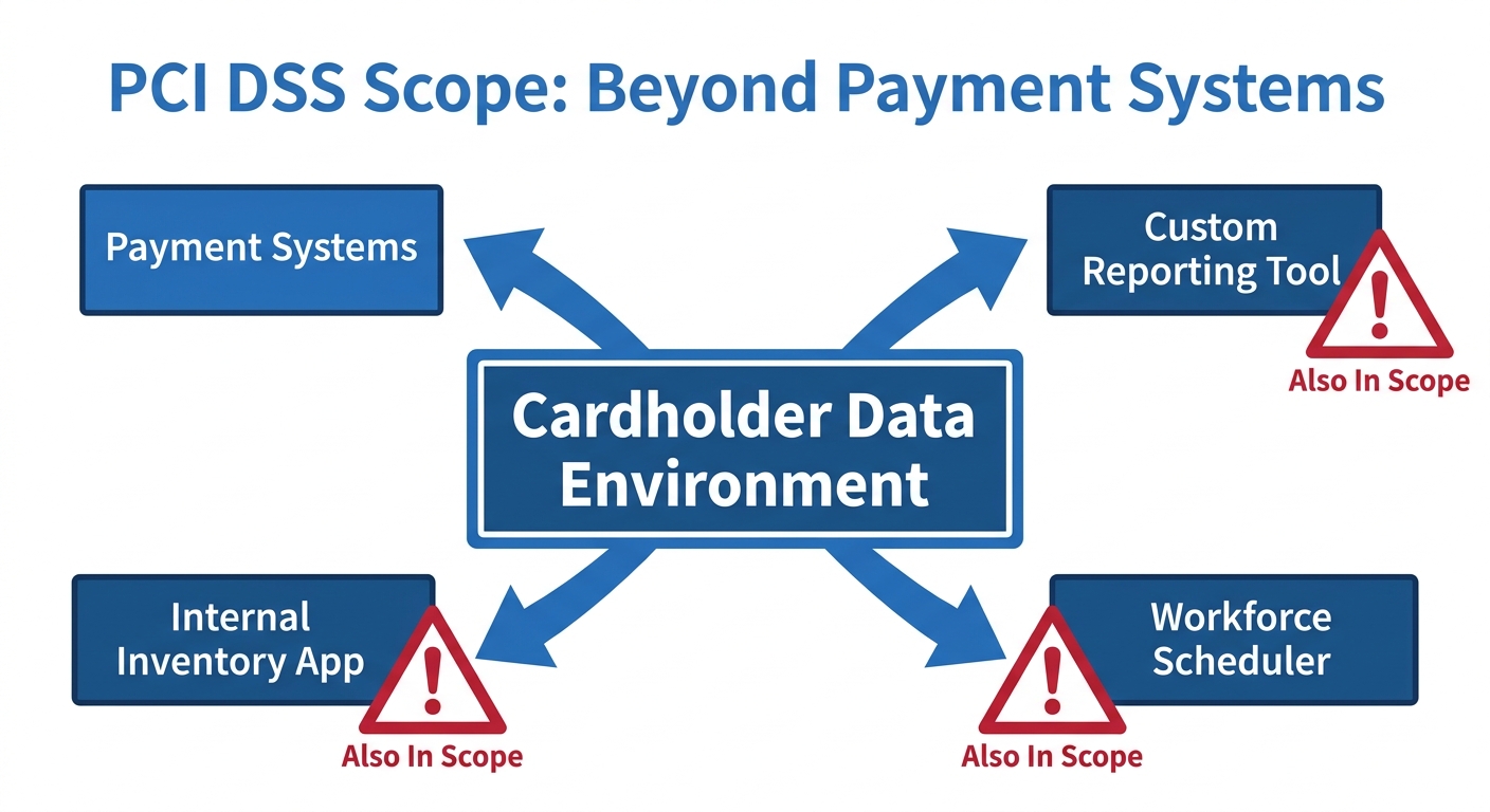 PCI DSS scope diagram showing internal applications connected to cardholder data environment