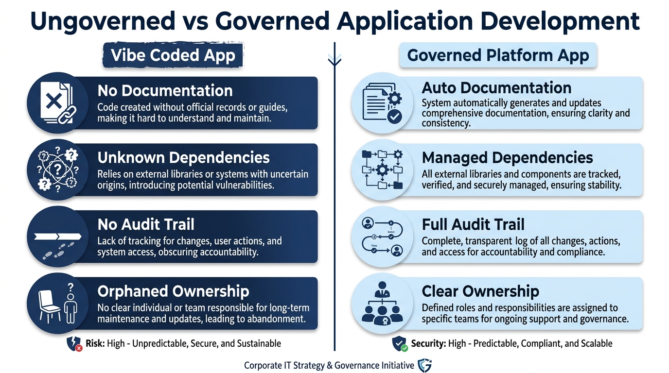 Governed vs ungoverned enterprise application development comparison infographic