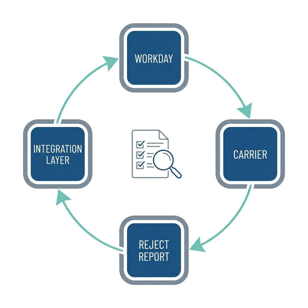 Integration layer reconciling Workday and carrier reject reports in loop
