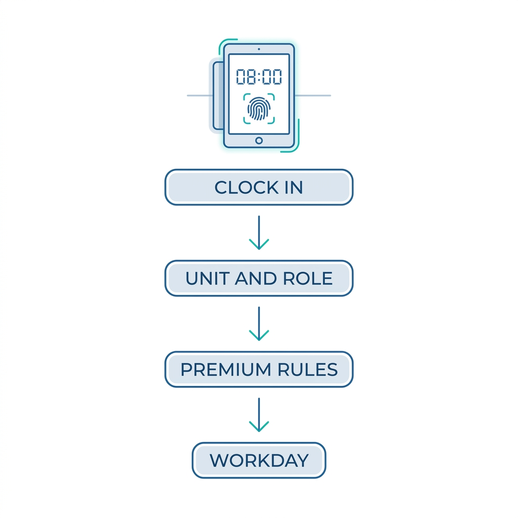 Tablet time clock capturing unit role and premium rules for Workday
