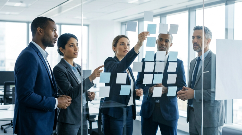 Team planning a Workday supervisory organization restructure on a glass wall