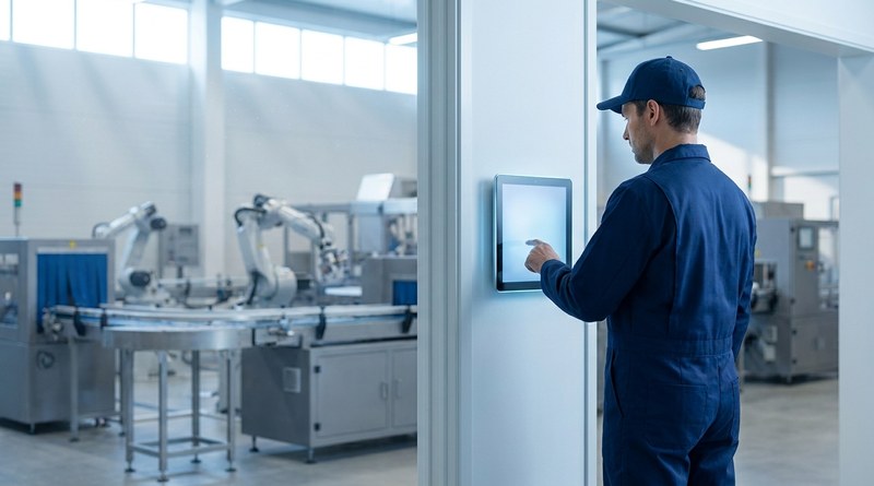 Worker selecting Workday time entry codes at plant terminal