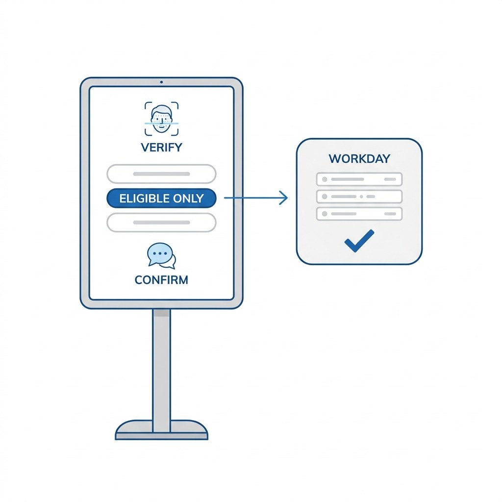 Tablet kiosk verifying worker and writing eligible codes to Workday