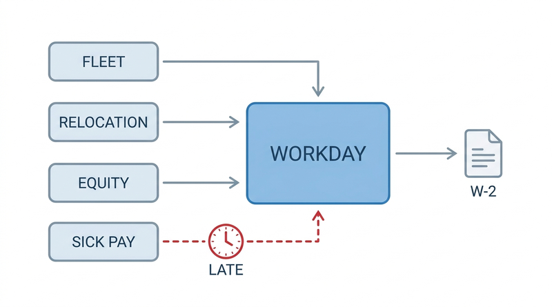 Fleet relocation equity and sick pay feeding Workday before W-2