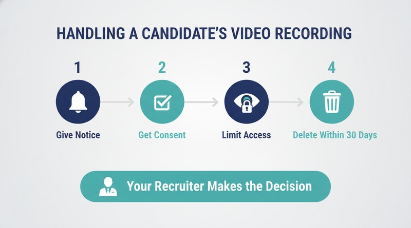 Steps for handling a candidate video recording: give notice, get consent, limit access, delete within 30 days, with the recruiter making the decision
