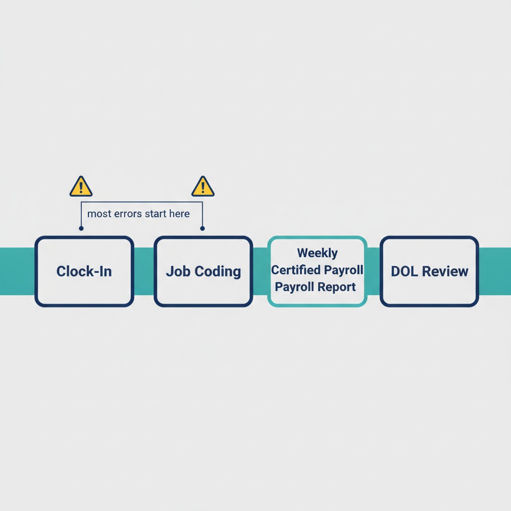 Where certified payroll errors really start Timeline showing certified payroll errors originate at clock-in and job coding, not at the reporting stage