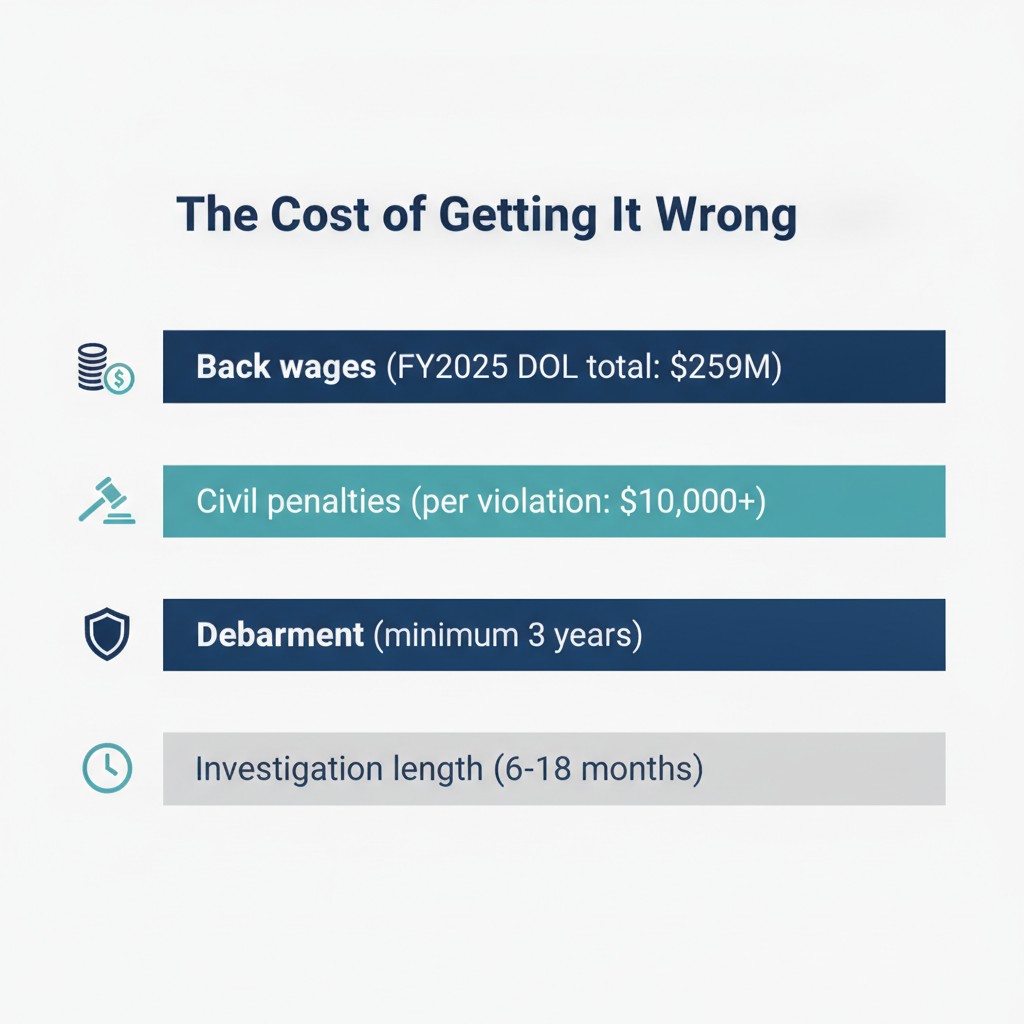 What a certified payroll violation actually costs Chart summarizing the financial and business costs of Davis-Bacon Act violations