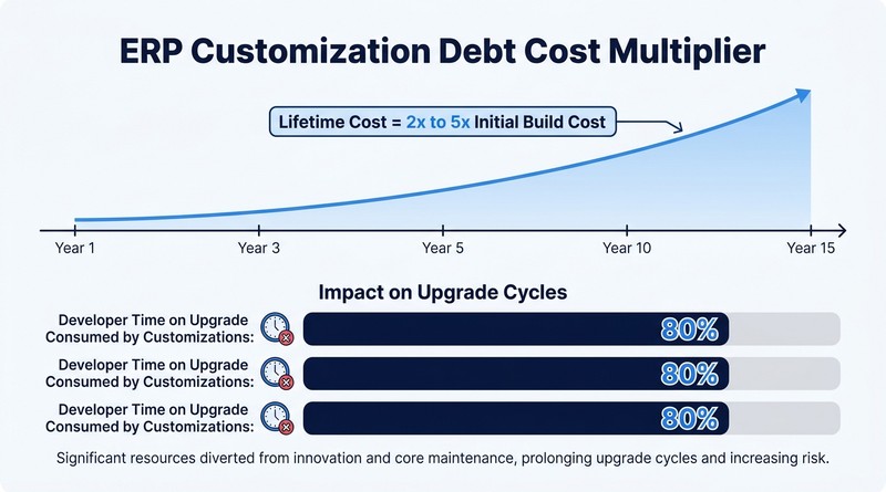 ERP customization debt lifecycle cost multiplier across upgrade cycles