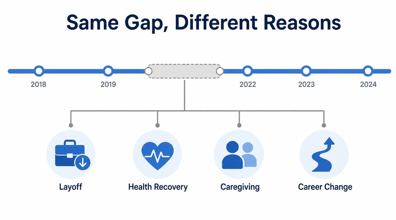 A timeline showing one employment gap segment with four possible reasons: layoff, health recovery, caregiving, and career change