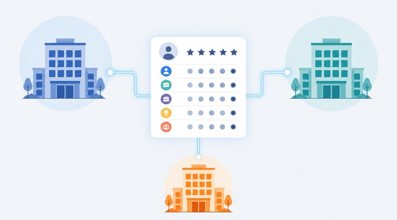 Three regional offices connected to one identical, standardized scoring rubric