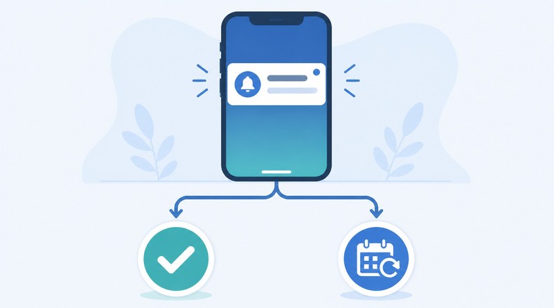 Phone notification branching into confirm or reschedule paths for an interview reminder