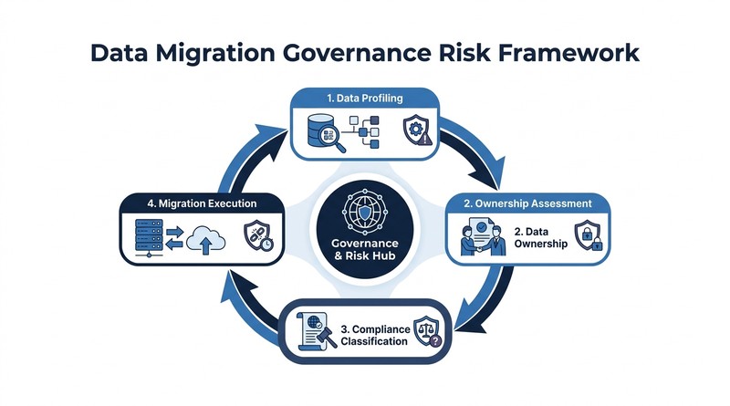 Enterprise data migration governance framework showing four risk stages