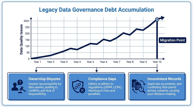 Legacy data governance debt accumulation timeline before modernization go-live