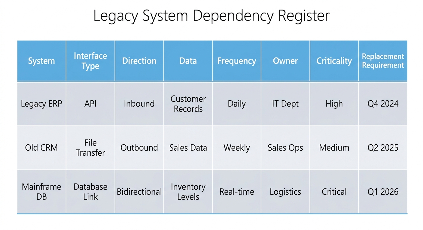 Dependency register columns for legacy system decommission planning