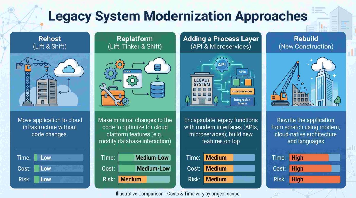 Legacy system modernization compared four ways: rehost, replatform, rebuild, and adding a process layer