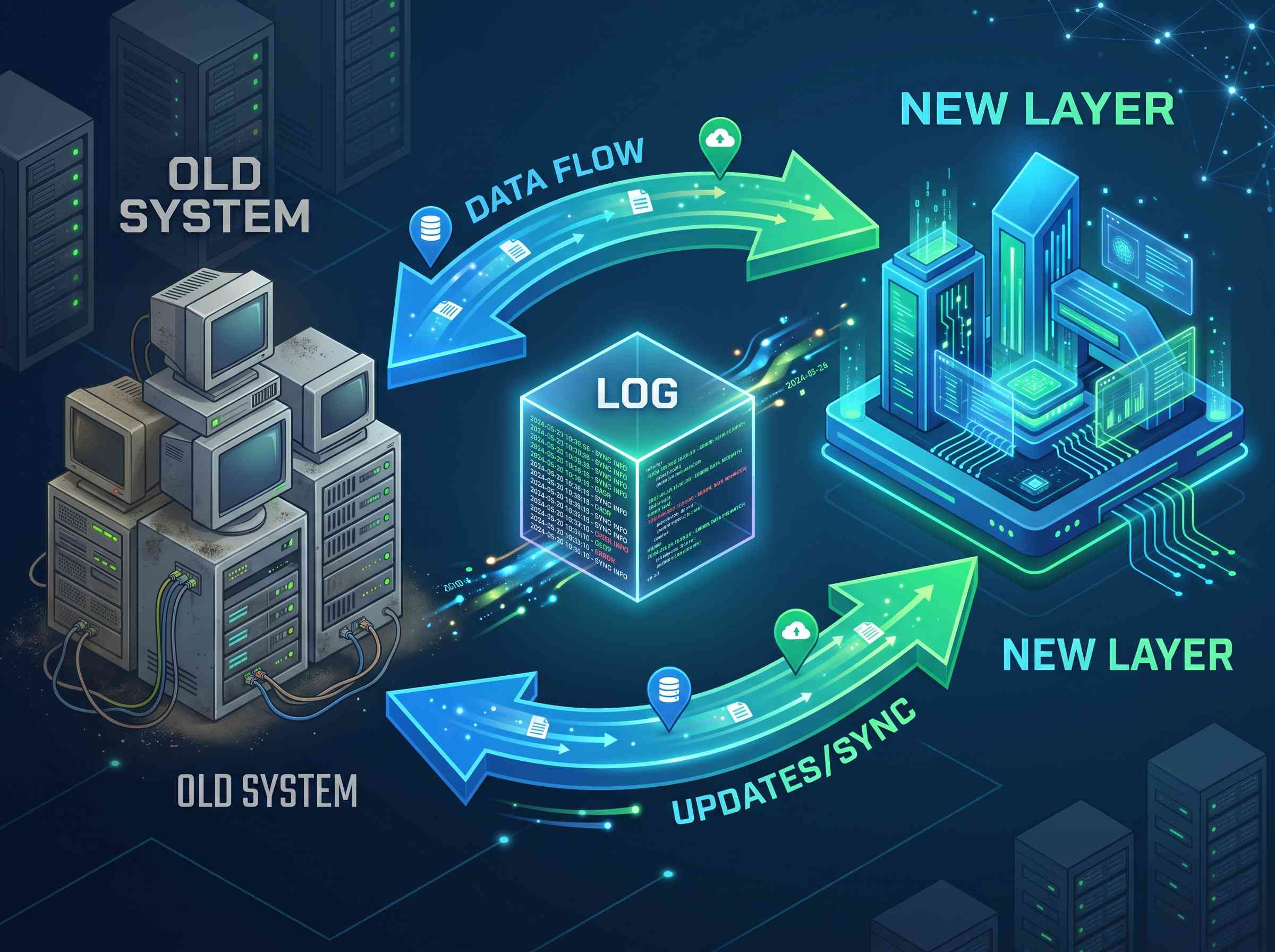 Running a legacy system and a new process layer in parallel to protect audit trails