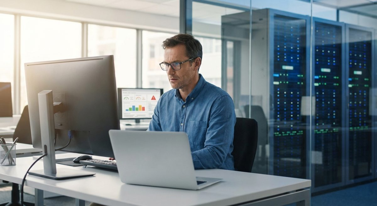 IT director reviewing legacy Windows application security patch advisory at desk