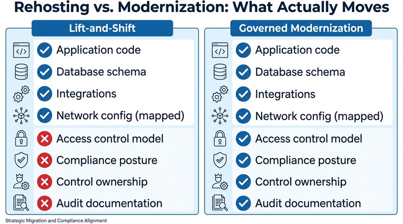 Diagram comparing lift-and-shift rehosting versus governed cloud modernization architecture