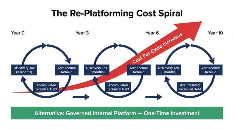 Governed internal platform versus repeated re-platforming cycle cost comparison