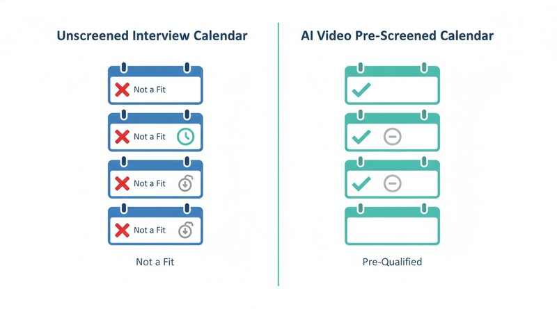 Comparison of an unscreened interview calendar full of unfit candidates versus an AI video pre-screened calendar of qualified candidates