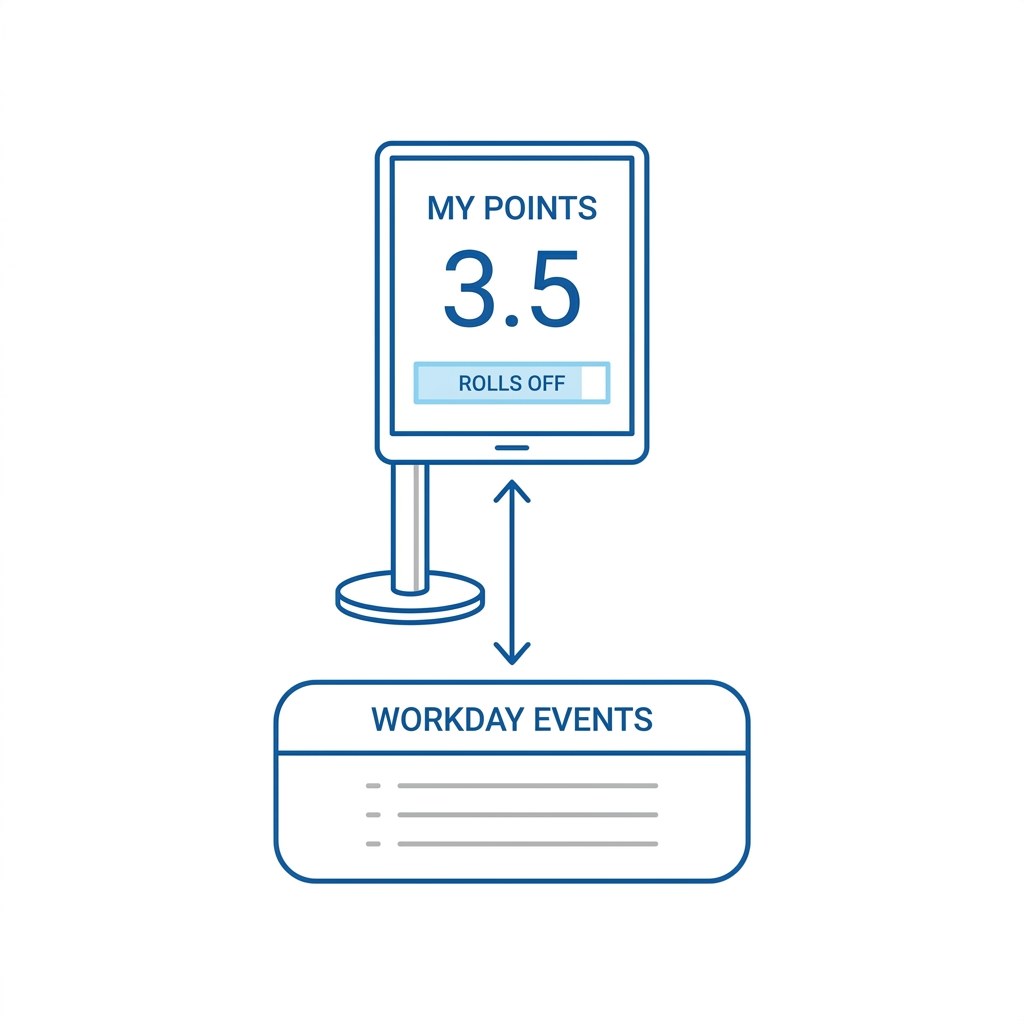 Shared tablet showing attendance point balance linked to Workday events