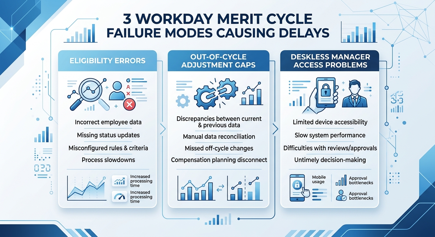 Workday merit worksheet completion gap showing eligibility errors and deskless manager access failure