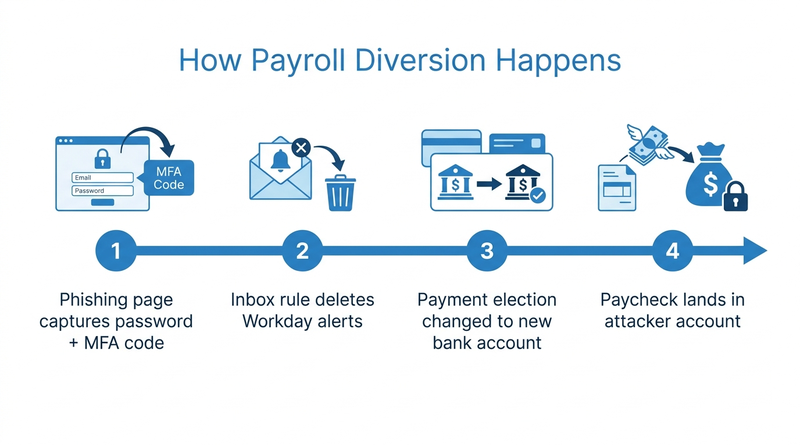 Four-step payroll diversion attack timeline in Workday
