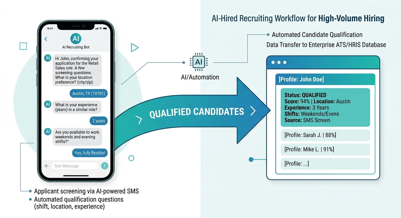 CloudApper AI Recruiter text-to-apply workflow feeding screened candidates back to Workday recruiting system