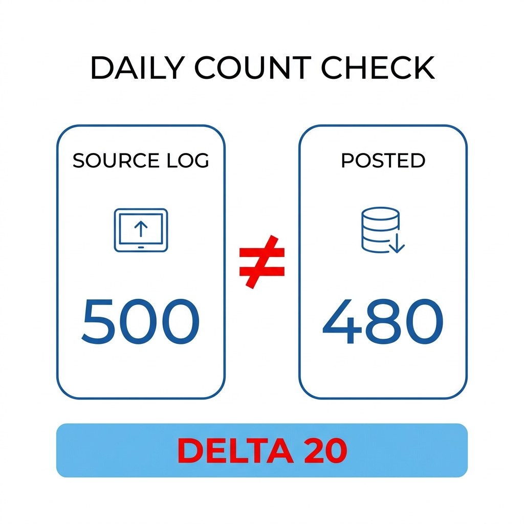 Daily count check comparing source log punches against posted events