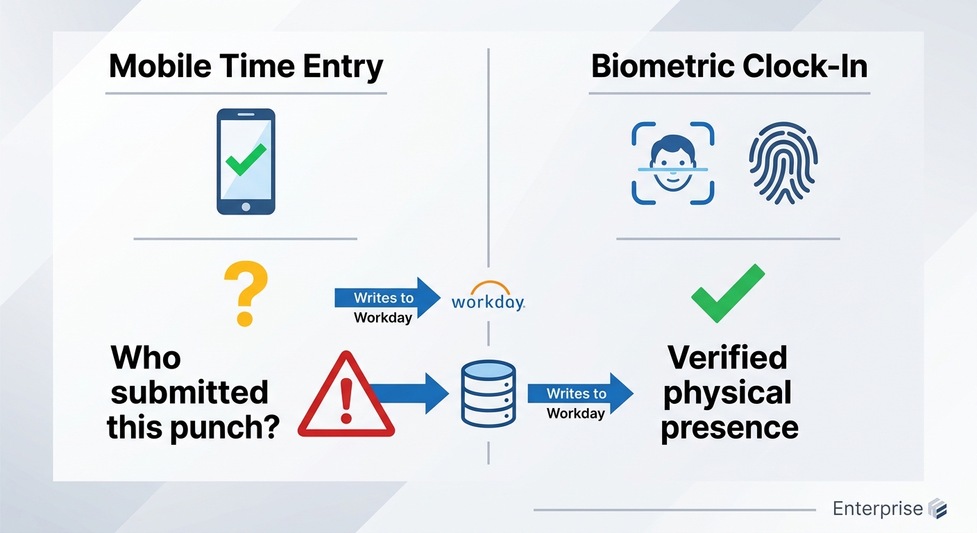Infographic comparing Workday mobile time entry verification gap versus biometric clock-in for hourly workers