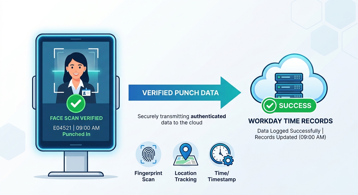CloudApper AI TimeClock biometric face recognition workflow writing verified punch to Workday time tracking record
