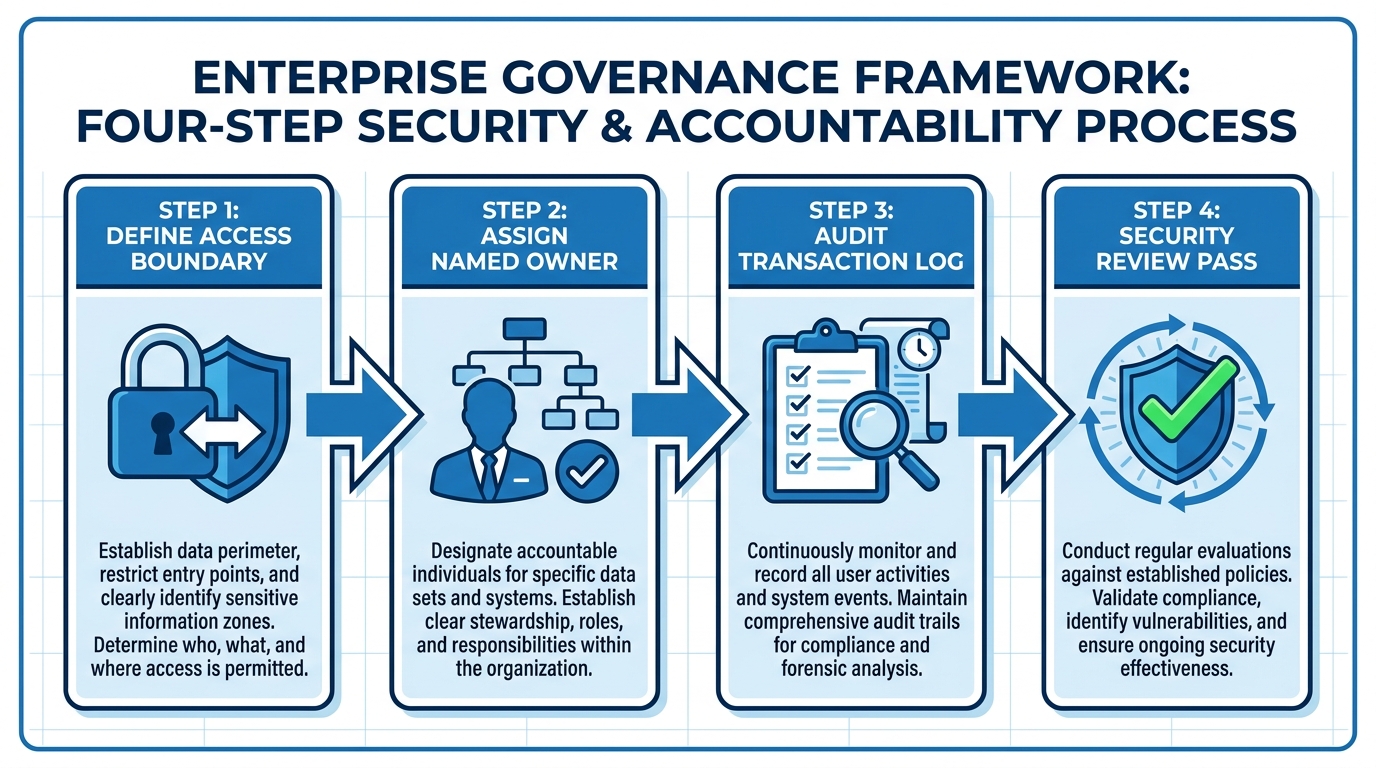 Infographic showing enterprise AI agent governance framework with audit trail and named owner