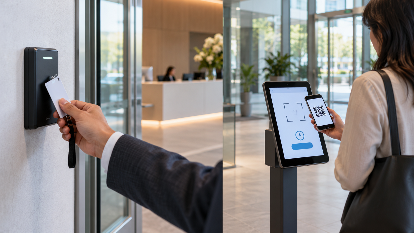 Side-by-side comparison of a badge card swipe at a wall reader versus a woman scanning a QR code at a tablet time clock kiosk in an office lobby