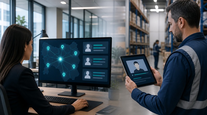 Central recruiter reviewing candidates from multiple locations while a site manager reviews a recorded candidate interview on a tablet in a centralized recruiting model