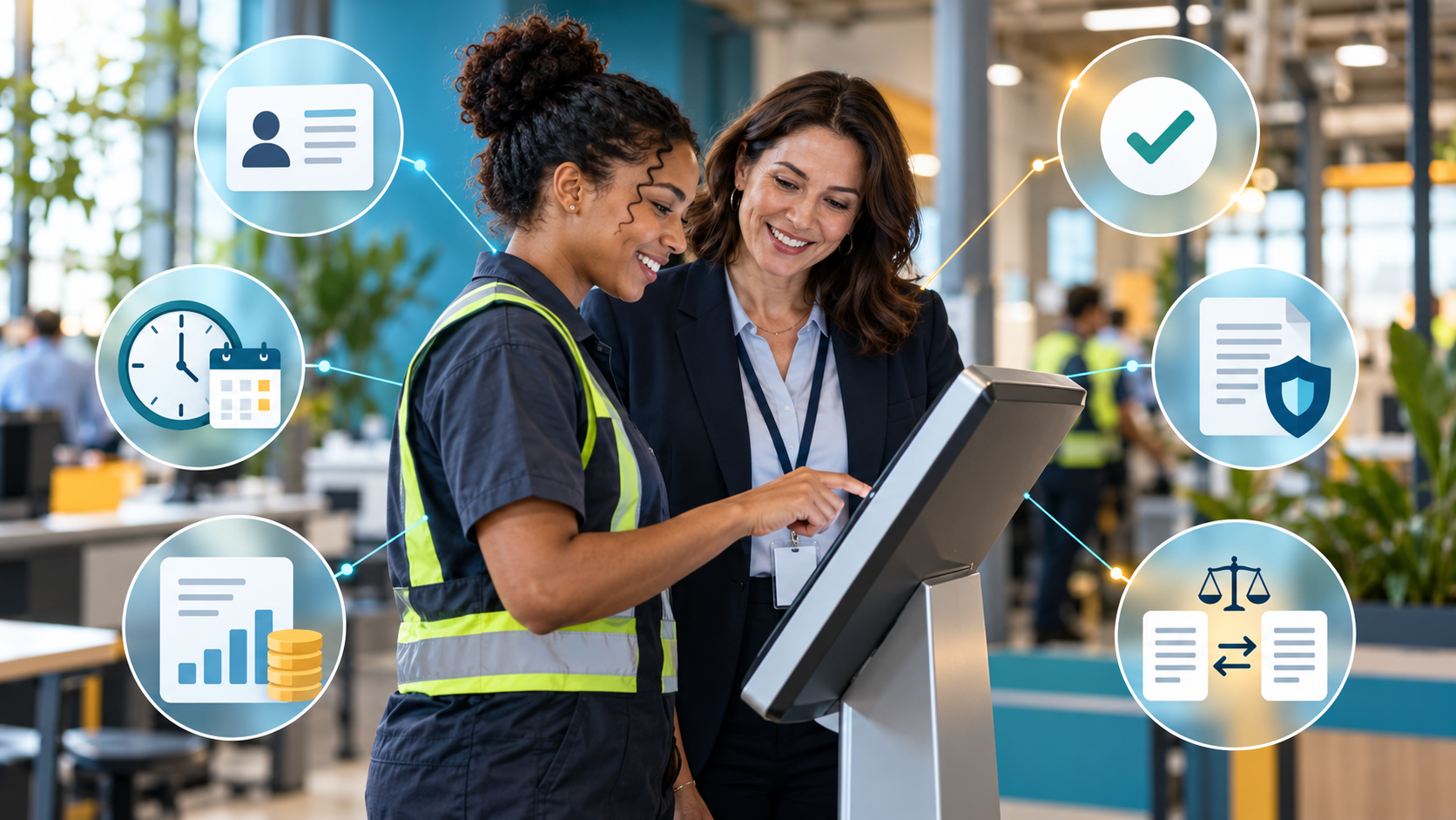 Employee using an HR self-service kiosk to manage personal details, attendance, pay, approvals, compliance, and reconciliation