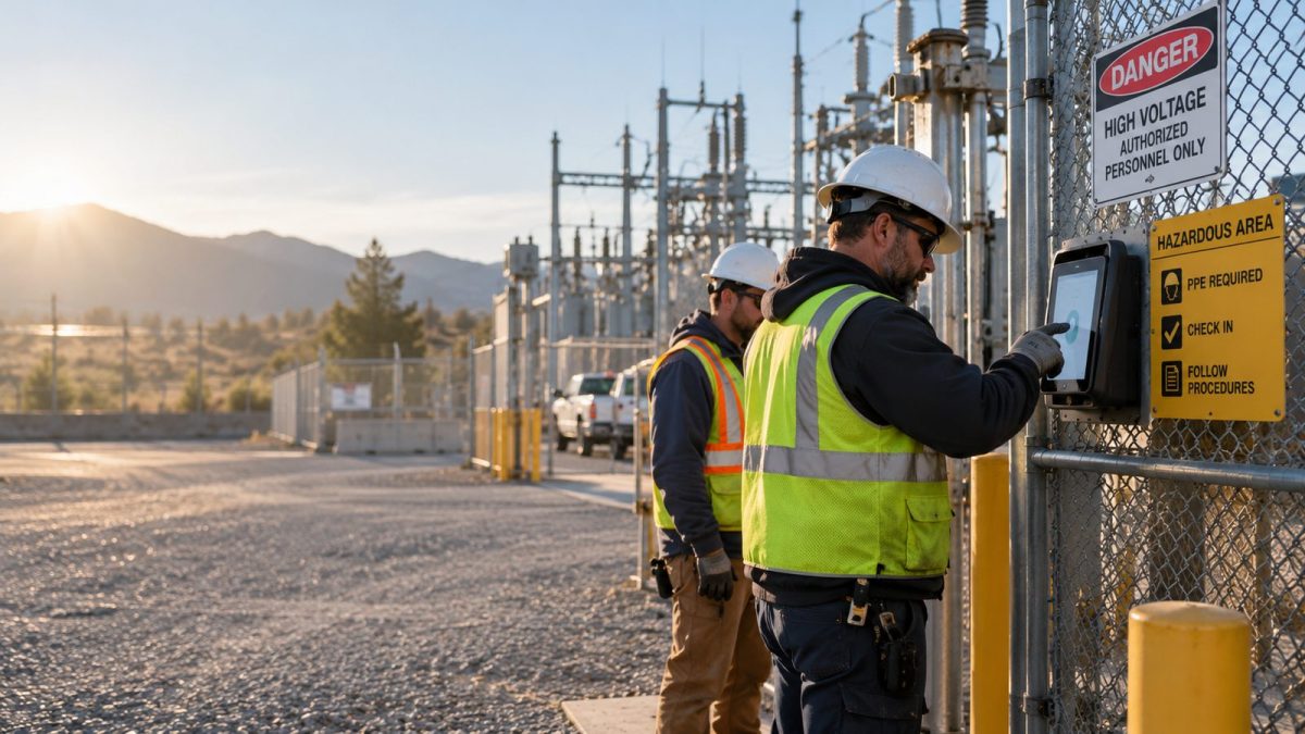 Utility workers in hard hats checking in on a tablet time clock at a high-voltage substation gate for hazard pay time tracking
