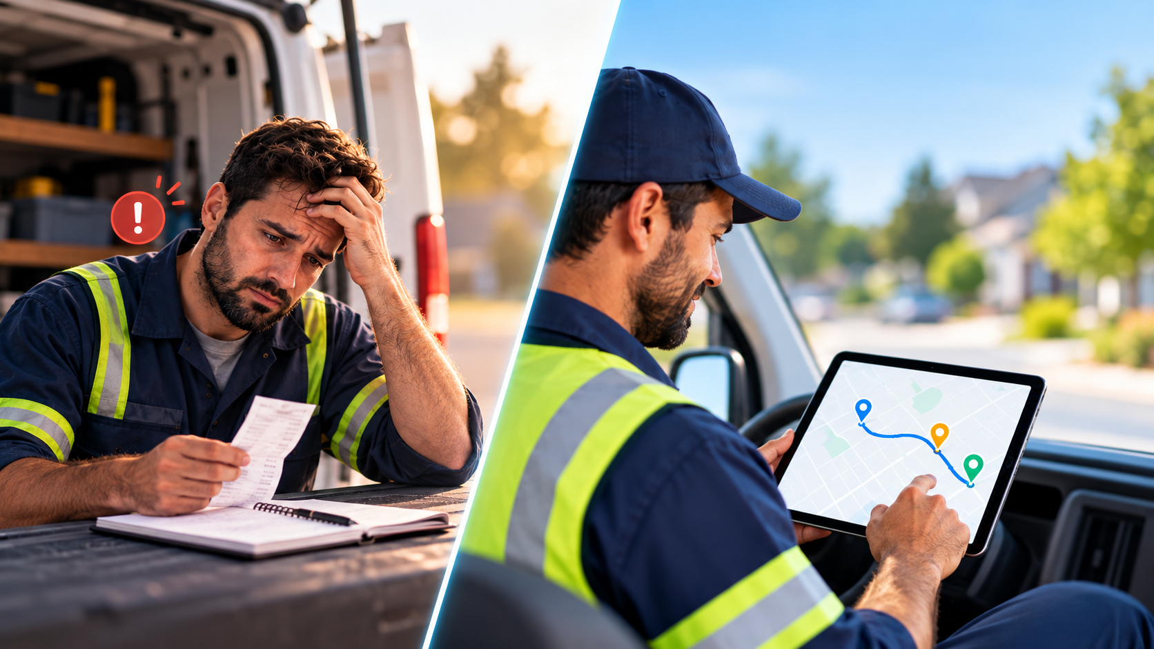 Field service worker frustrated with paper mileage logs versus a technician using GPS-based mileage tracking on a tablet