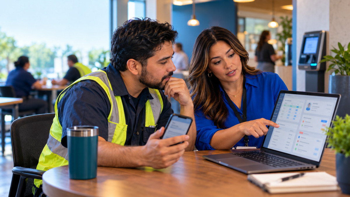 HR manager and hourly employee reviewing payroll and attendance data together on a laptop near a self-service kiosk
