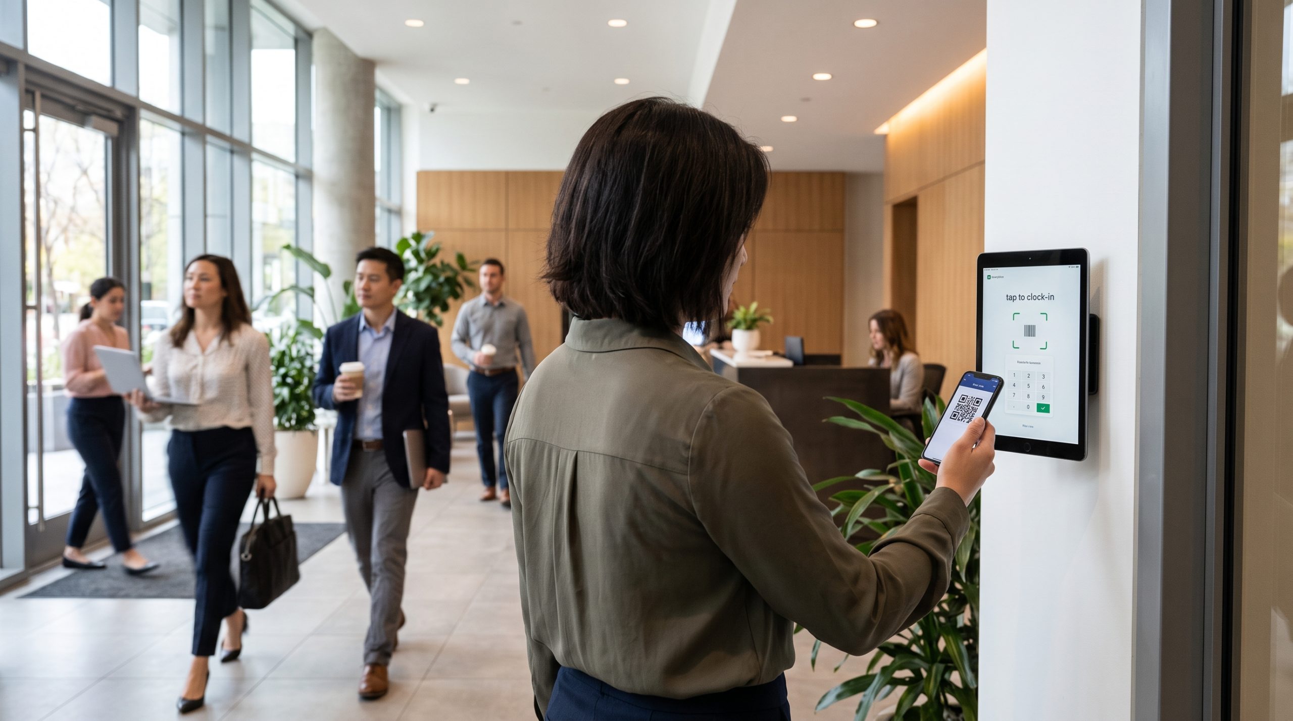 Woman scanning a QR code on her phone at a wall-mounted tablet kiosk showing a clock-in screen while coworkers enter an office lobby