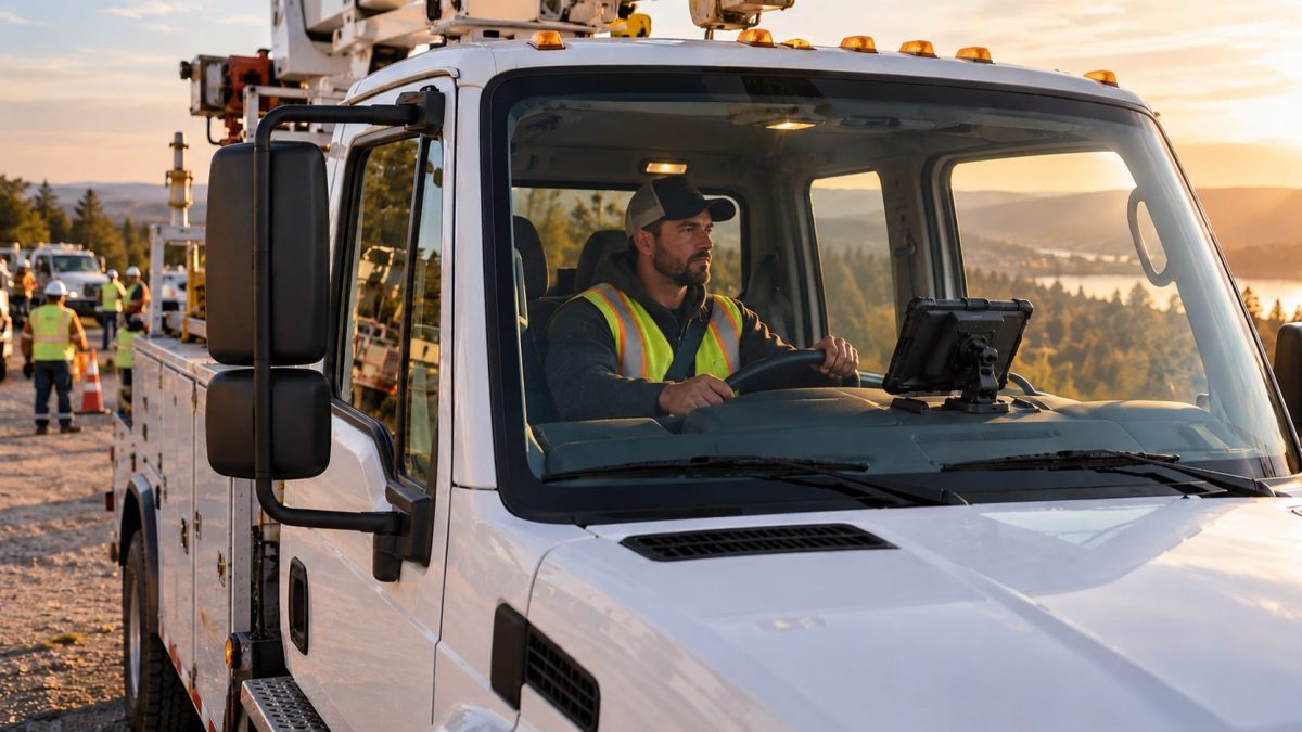 Utility crew member in a high-visibility vest driving a bucket truck with an in-vehicle time clock tablet mounted on the dashboard