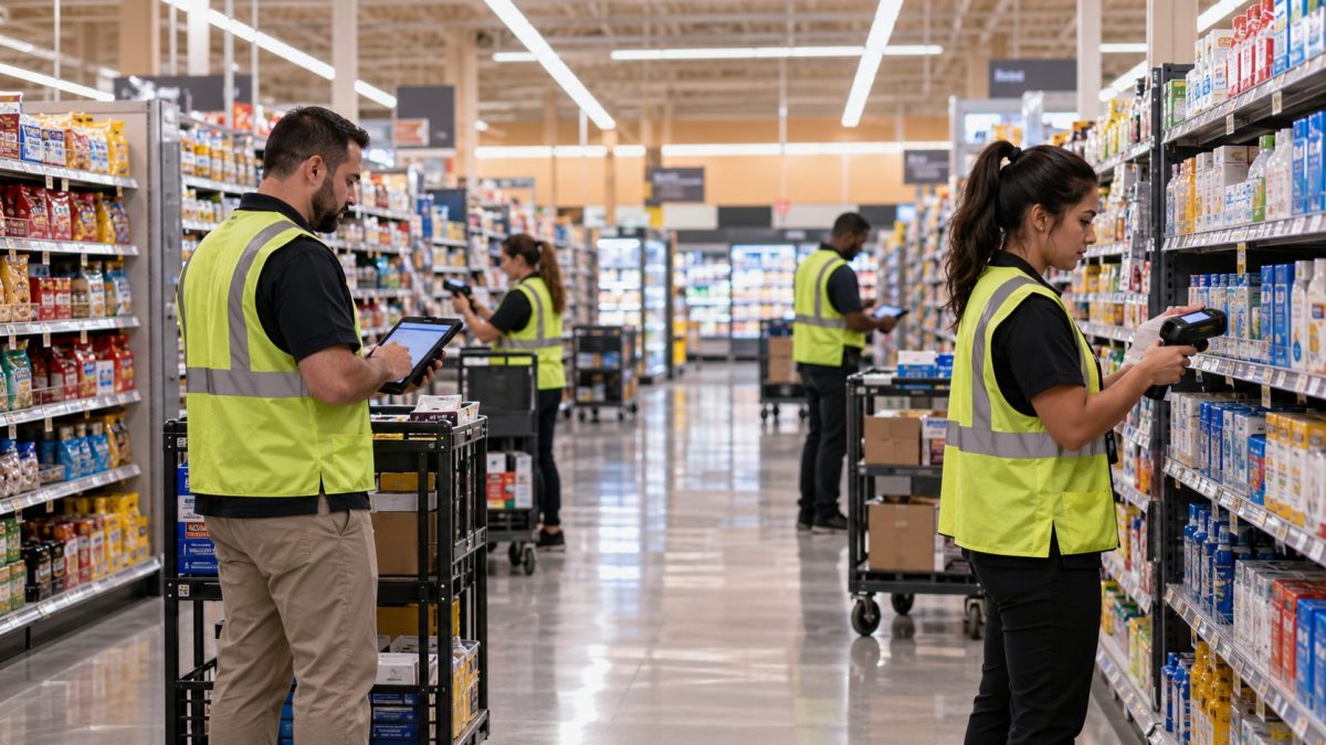 Inventory count crew in high-visibility vests scanning shelves and recording counts on a tablet in a retail store aisle overnight