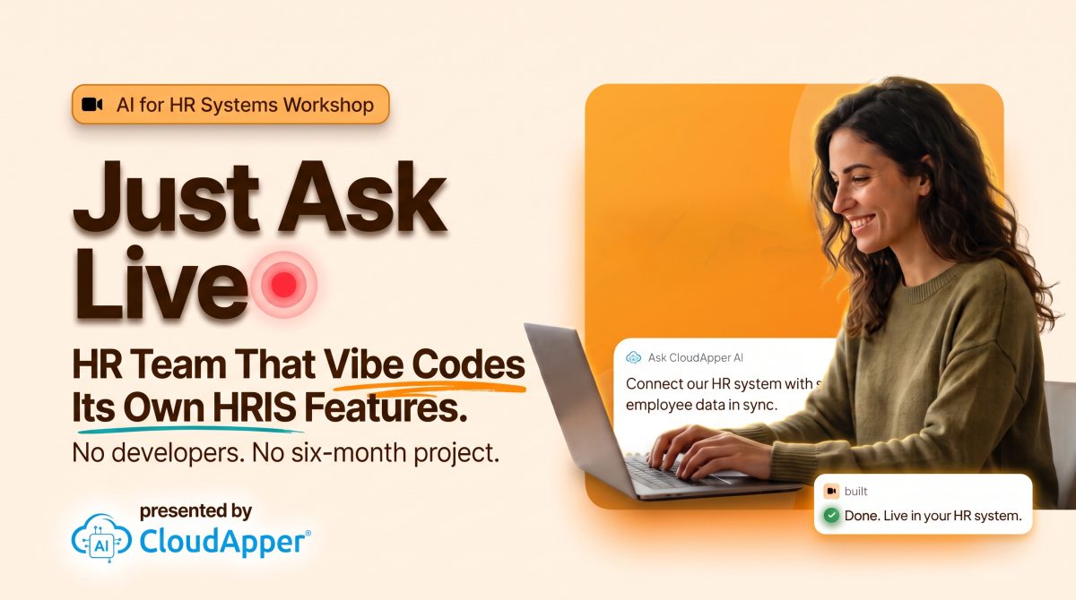 Just Ask Live event banner for the free vibe coding for HR workshop every Thursday at 1 PM ET