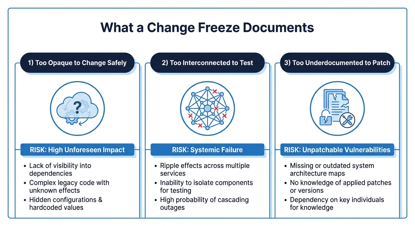 legacy application change freeze documentation risk factors infographic