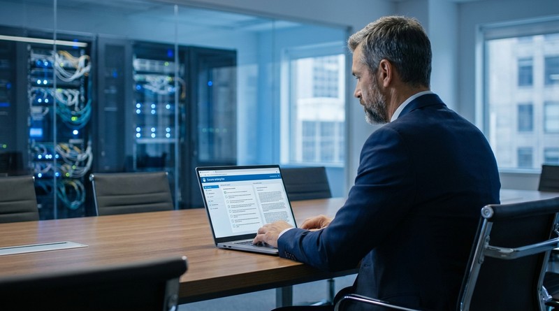 Enterprise IT director reviewing legacy application disaster recovery attestation documentation