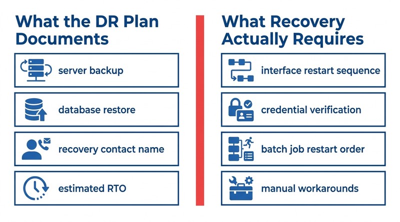 Infographic showing gap between documented DR plan and actual application recovery requirements