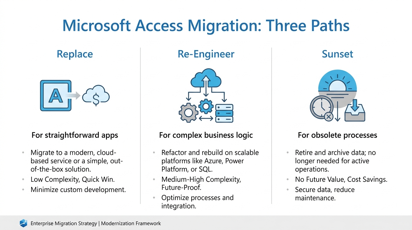 Three-path triage framework for Access migration: replace, re-engineer, sunset infographic